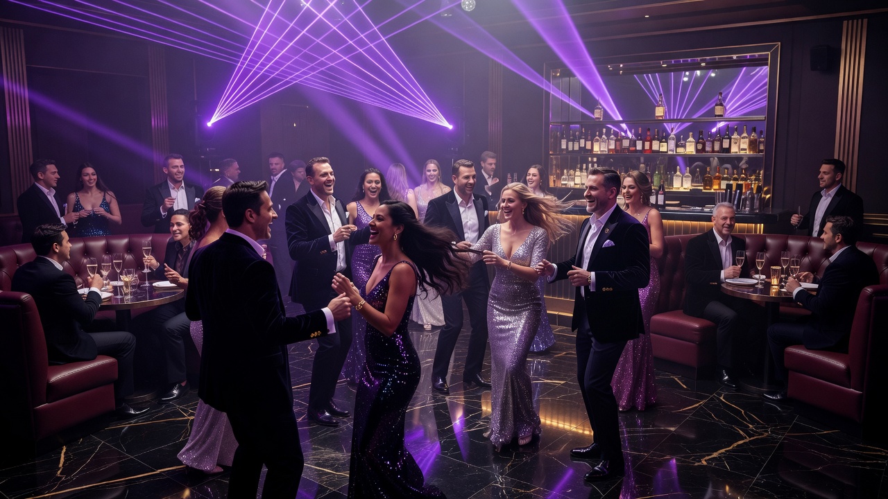 Luxurious nightclub party interior with vibrant purple laser lighting and VIP guests dancing