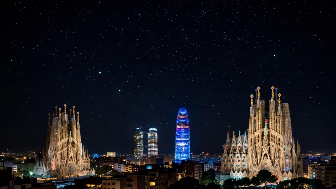 Night view of illuminated Barcelona landmarks and architectural towers against dark starry sky
