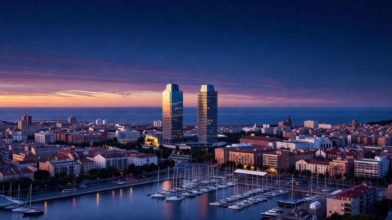 Panoramic view of Barcelona city skyline and Port Olímpic waterfront at twilight