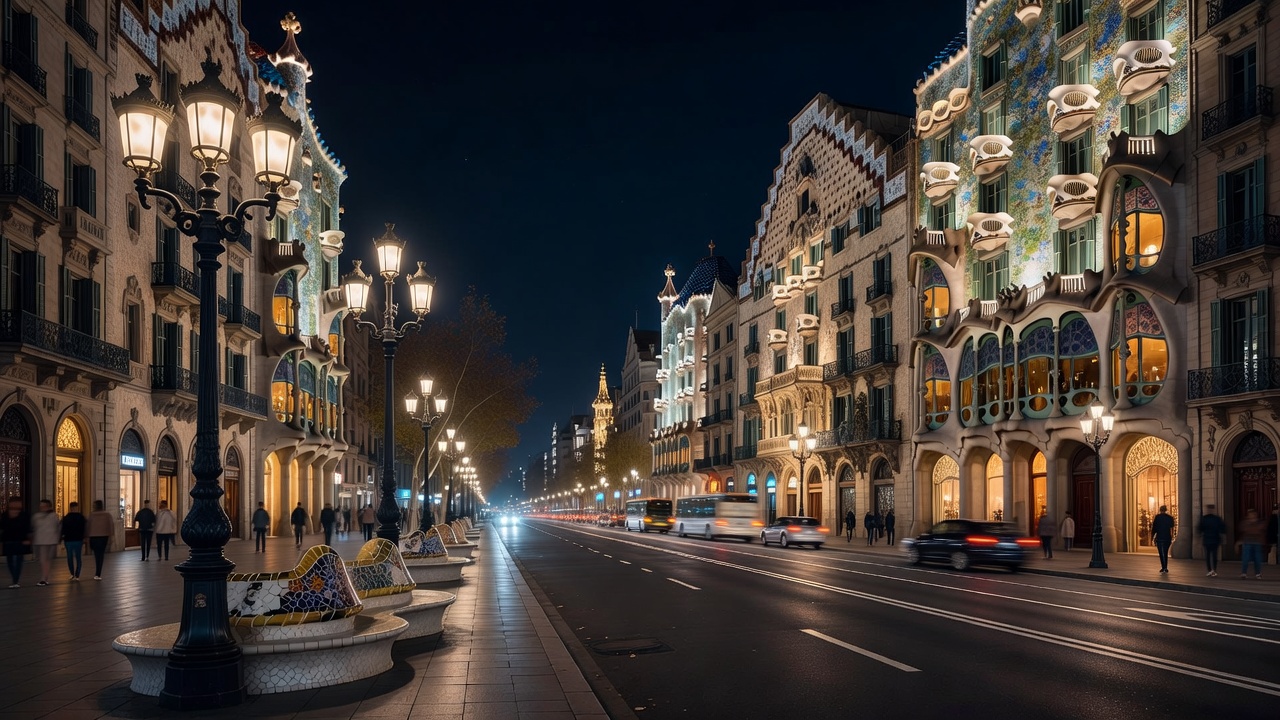 Passeig de Gracia avenue at night with historic modernista architectural facades illuminated